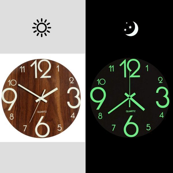 木製 ナチュラルな時計 エレガント 発光 夜光 掛け時計 家の装飾 寝室用 子供部屋用 CHY1277