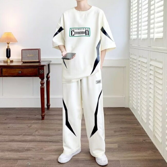 新品☆メンズ セットアップ Tシャツ+ズボン 2点セット 上下セット スポーツウエア プリント 大きいサイズ 半袖 春夏 ゆったり2色M-4XL hbq323