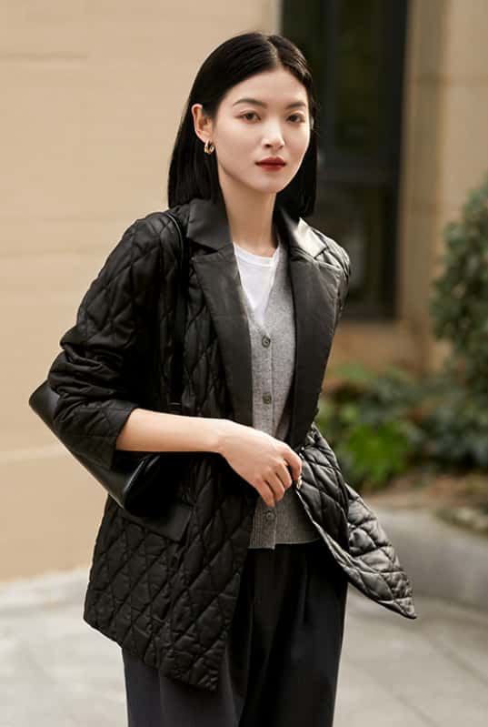 【2024新作】レディース 羊革 キルティングジャケット ダイヤ柄 中厚手 防寒 本革ジャケット 秋冬 通勤 カジュアル 長袖 アウター 栗茶色/黒 M-2XL 【X&W】