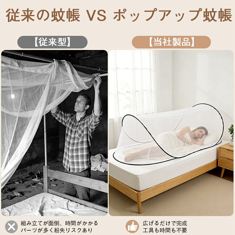 ヘルツのポップアップ蚊帳 投げ出すだけで開く 組立不要 200×80×56cm ダブルジッパー 寝台用 寮 オフィス 折りたたみコンパクト 収納袋付き｜アングル3
