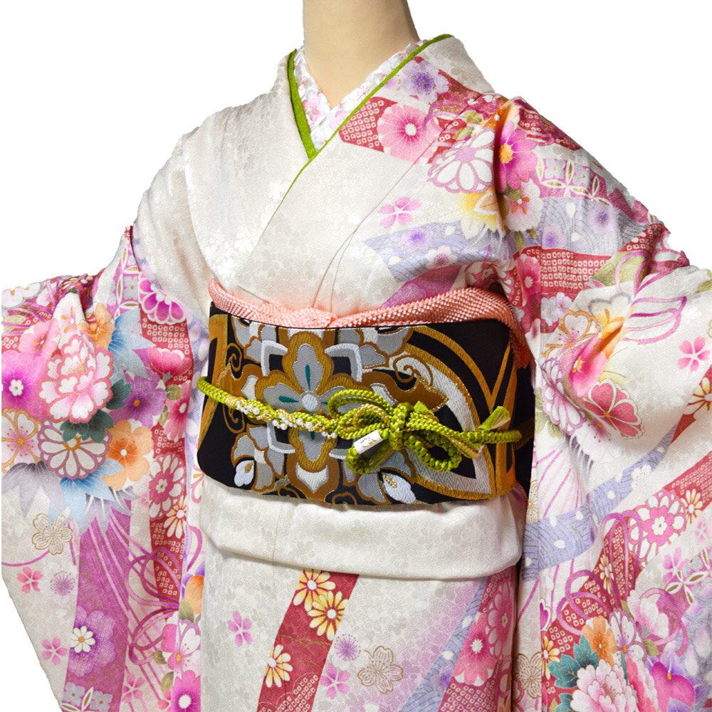 購入 振袖 正絹 25点 セット / 白 成人式 ふりそで 振袖 袋帯 長襦袢 重ね衿 帯締 帯揚 草履 バッグ ショール 着付け小物 着物スリップ 足袋 { 振袖 振り袖 成人式