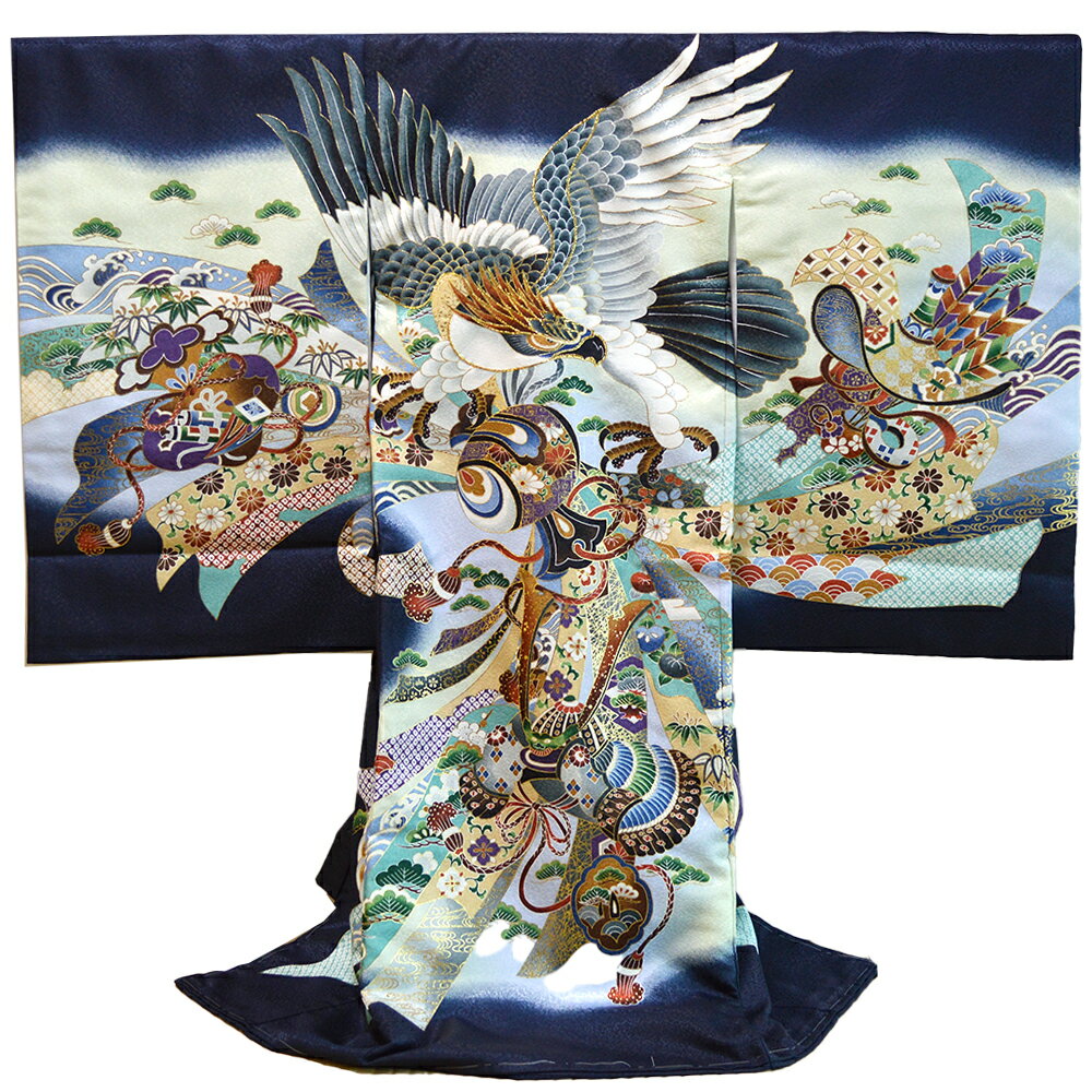 【レンタル】 お宮参り 着物 男の子 産着 長襦袢付 11(紺・鷹兜) { 初着 祝着 産着 男の子 子供