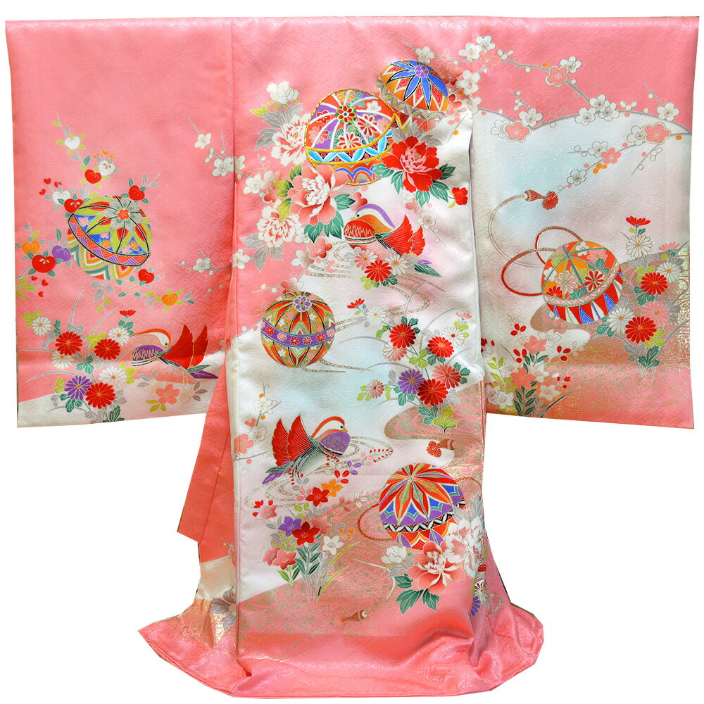 【レンタル】 お宮参り 着物 女の子 正絹 産着 長襦袢付 4(ピンク・毬おしどり) { 初着 祝着 産着 女の子 子供