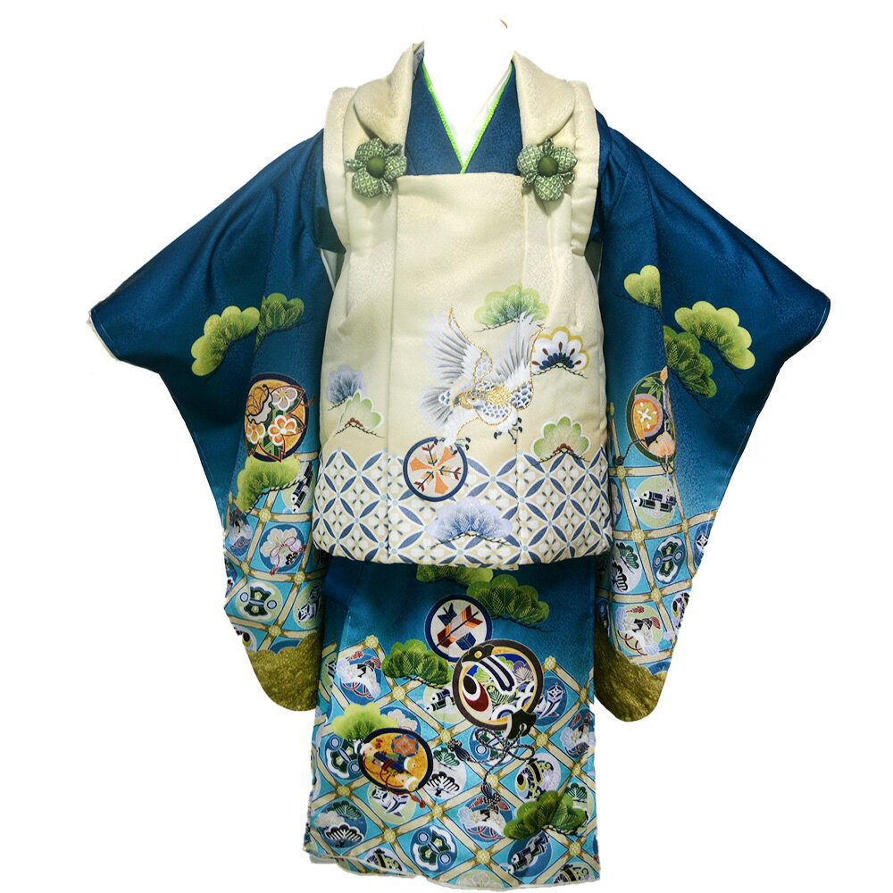 【レンタル】 七五三 着物 男の子 絵羽柄 3歳 8点 被布 セット 2(被布クリーム・着物青緑) 三歳 レトロ 古典柄 { 被布 セット 男の子 子供