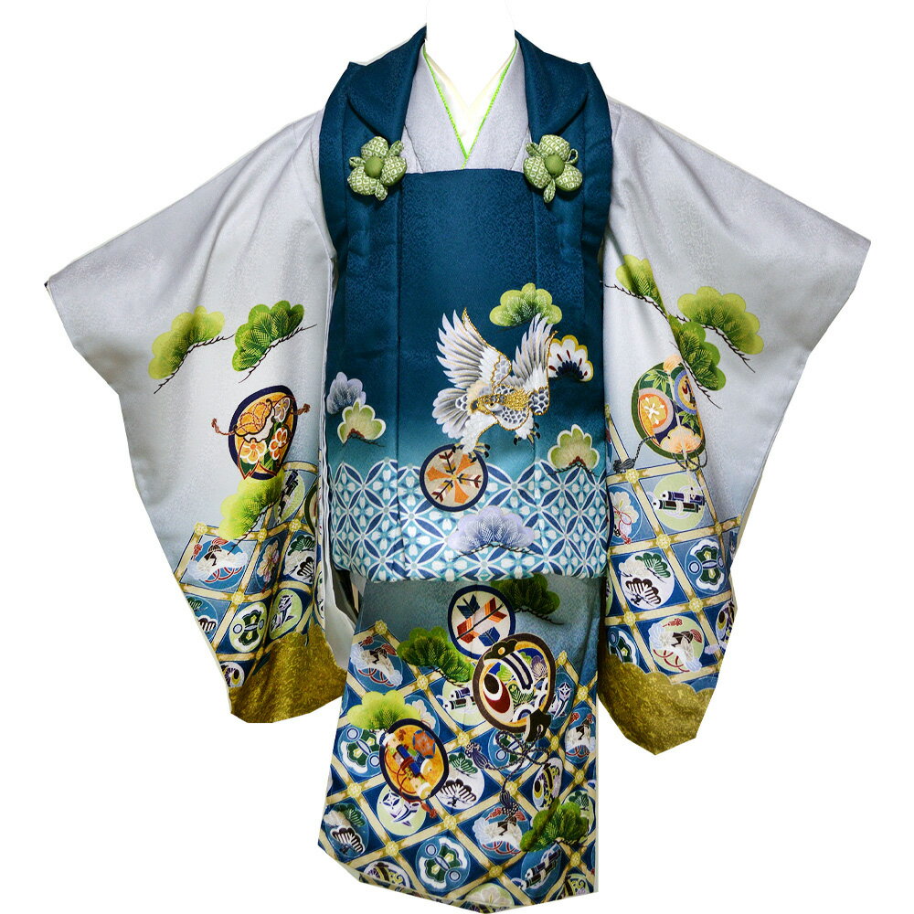 【レンタル】 七五三 着物 男の子 絵羽柄 3歳 8点 被布 セット 3(被布青緑・着物グレー) 三歳 レトロ 古典柄 { 被布 セット 男の子 子供