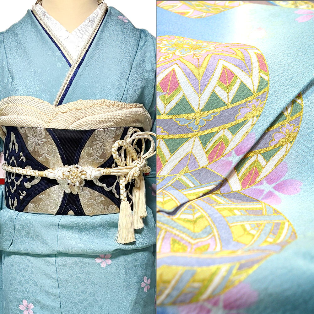 京友禅 正絹 振袖 30点 セット 水色 成人式 ふりそで 振袖 袋帯 長襦袢 重ね衿 帯締 帯揚 草履 バッグ ショール 着付け小物 着物スリップ 足袋 { 振袖 振り袖 成人式