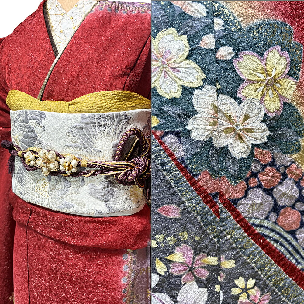【レンタル】 お仕立付 手描き 京友禅 正絹 振袖 30点セット エンジ 成人式 ふりそで 振袖 袋帯 長襦袢 重ね衿 帯締 帯揚 草履 バッグ ショール 着付け小物 着物スリップ 足袋 { 振袖 振り袖 成人式