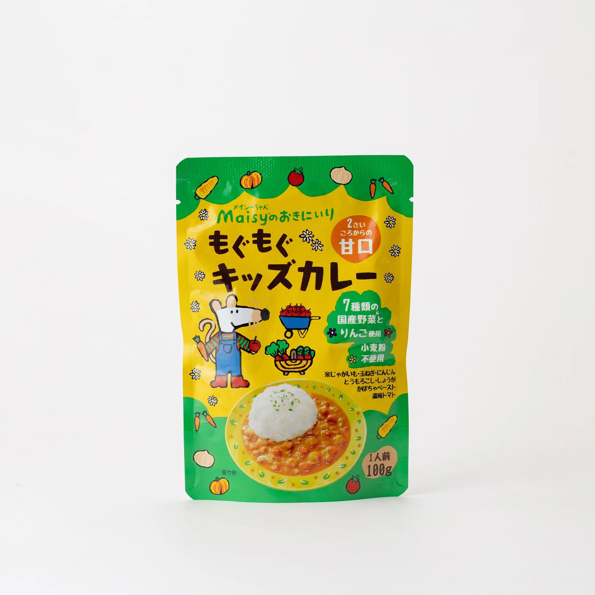 〇7種類の国産野菜（じゃがいも・玉ねぎ・にんじん・とうもろこし・しょうが・かぼちゃペースト・濃縮トマト） と国産りんごを使用した甘口カレーです（レトルト）。 〇国産鶏のひき肉入り。 〇砂糖は鹿児島県産さとうきびの粗製糖、食塩は沖縄の海水塩を使用しています。 〇菜種油の菜種は遺伝子組換えではありません。 〇小麦粉の代わりに国産米の米粉を使用。 〇酵母エキス不使用。 ○対象年齢（目安）：2歳頃から。 〇1人前　100g。 商品説明 原材料 賞味期限製造日より720日 内容量105g ブランド名創健社