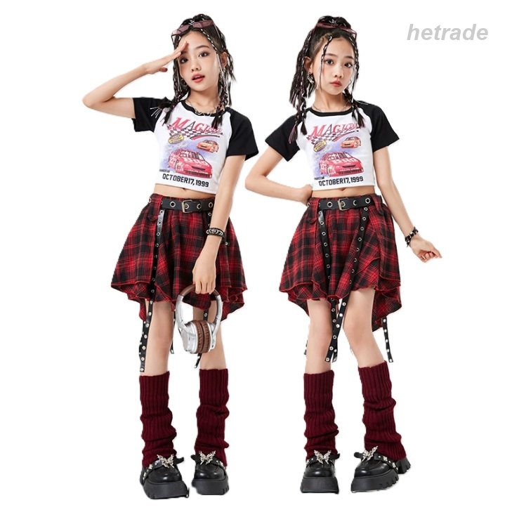 女の子 ダンス衣装 キッズ 赤 子供服 ヒップホップ チェック柄スカート ショート丈...