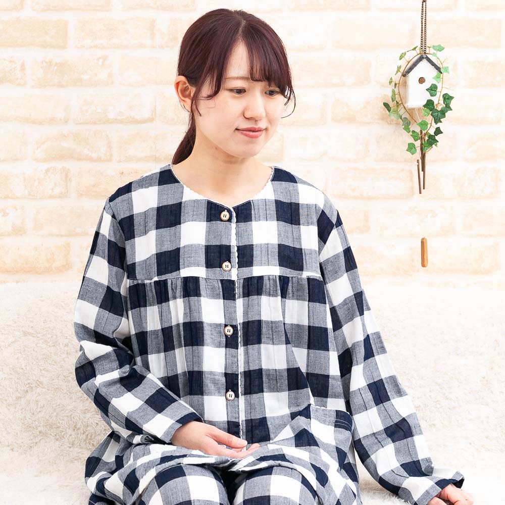 肌にやさしく柔らかい肌触りのダブルガーゼ　パジャマ レディース 長袖 前開き　春・初夏向き【Sサイズ】【LLサイズ】【3Lサイズ】あり　ナイトウェア ルームウェア　母の日ギフト　入院準備のサムネイル