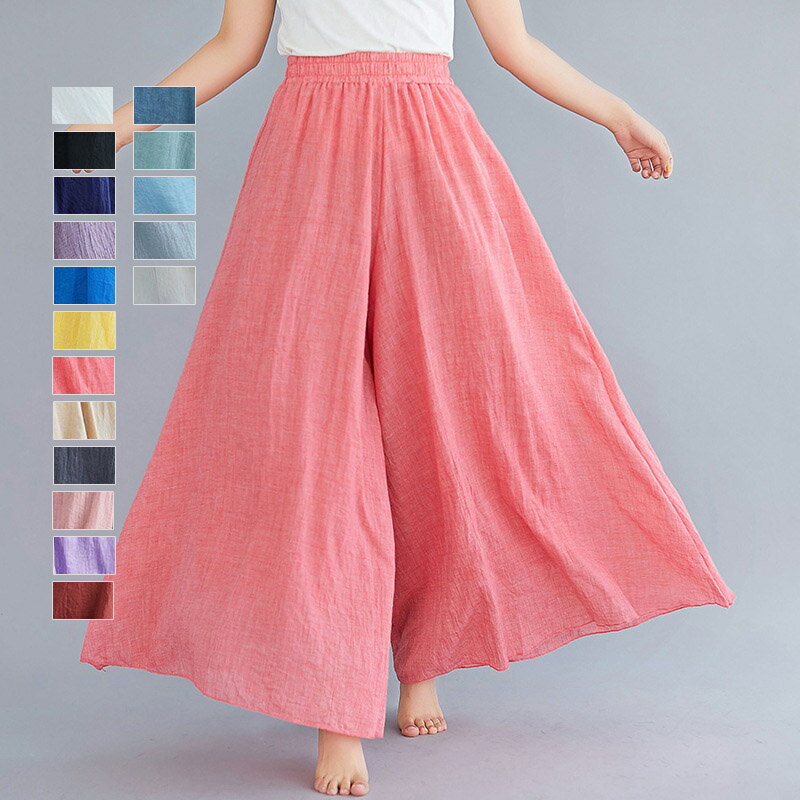 送料無料 フレアワイドパンツ ロングパンツ 麻混 リネン ワイドパンツ フレア リネンパンツ 亜麻 麻 ガウチョパンツ シワ感 レデイース 体型カバー ホワイト...