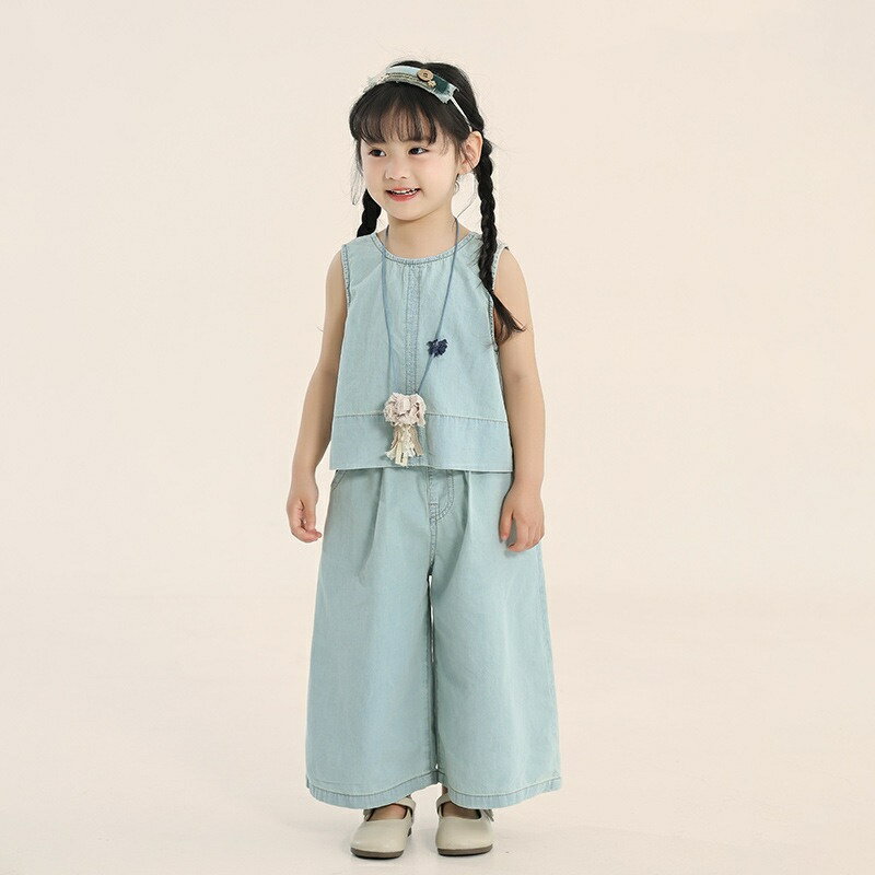 送料無料 キッズ 子供服 セットアップ ゆったり 夏 コットン100% 綿100% 女の子 2点セット タンク デニム​ 上下セット カジュアル おそろい かわいい サマー　ワイドパンツ 洋服 オシャレ 通園 通学 七五三 ジュニア 普段着 90 100 110 120 130 140cm 楽天海外通販