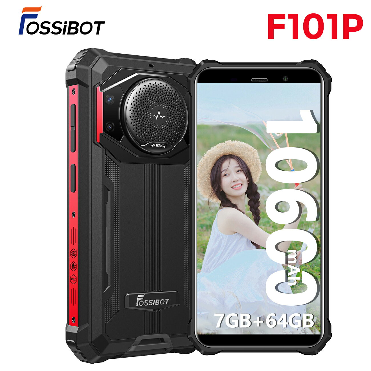 FOSSiBOT F101P スマホ Android 13 SIMフリー 7+64GB 10600mAh大容量バッテリー 18W急速充電 防塵 防水 耐衝撃 スマホ本体 simフリー IP68 スマートフォン 指紋ロック 顔認識 4GデュアルSIM 123dB 24MP+8MP タフネススマホ