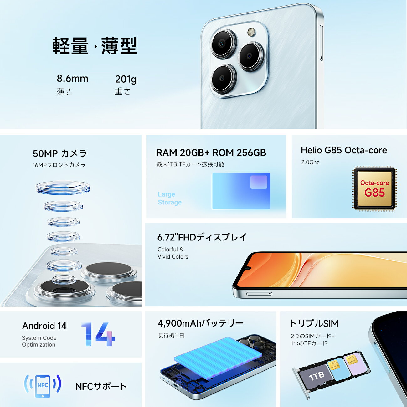 【クーポン利用で22,900円！】FOSSiBOT S2 SIMフリー スマートフォン本体 20GB+256GB/1TB拡張可能 Android14 スマホ本体 オクタコアプロセッサ 6.72インチ大画面 アンドロイド スマホ 5000mAh 50MP+16MPカメラ 4GデュアルSIM 母の日 スマホケース付 フィルム貼付済 父の日 - Image 3