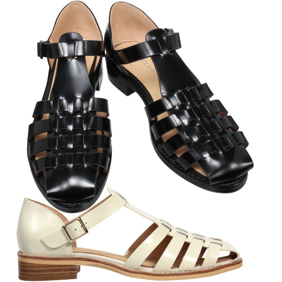 Gladiator - モヒ レディース 踵ありグルカサンダル ネグロ パッリア Mohi Gurkha Sandals Negro Paglia 2-6078-8-FL ストラップ グルカ サンダル ブラック オフホワイト
