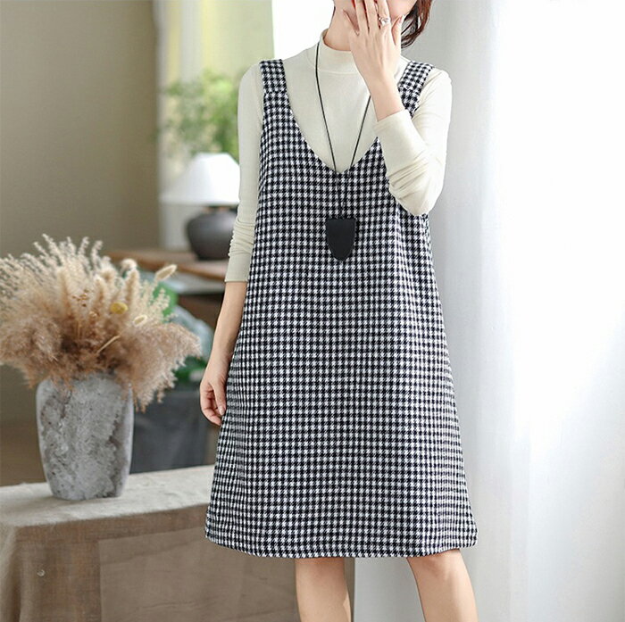 ジャンパースカート ワンピース レディース 秋冬 ハウンドトゥース 膝丈 Vネック ベストワンピース ノースリーブ ワンピ 通勤 オフィス OL レイヤード 重ね着 厚手 ゆったり 事務所 キレイめ カジュアル 大人可愛い ブラック レッド 春 秋 冬 送料無料