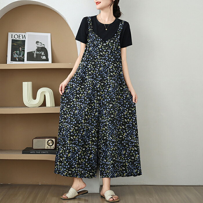 サロペット レディース 花柄 オールインワン ノースリーブ ワイドパンツ サロペットパンツ 総柄 ロング丈 マキシ丈 ロングパンツ オーバーオール 体型カバー 着痩せ ゆったり カジュアル 森ガール エスニック 春 夏 送料無料