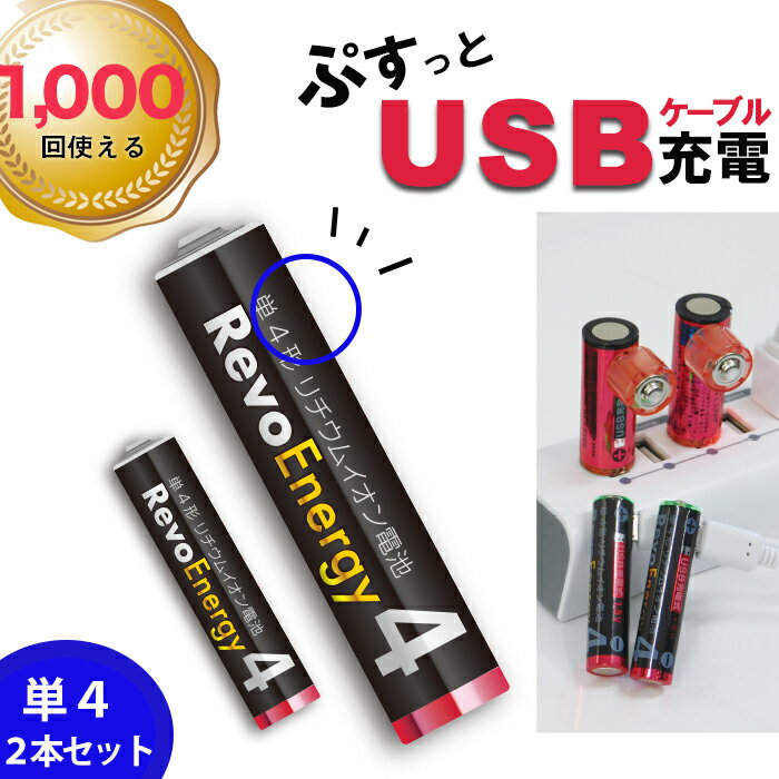 【1000回使える】単4電池 充電式 電池 USB乾電池 リチウムイオン電池 充電池 モバイルバッテリー 充電器不要 単4 単四 乾電池 1.5V USB 充電 急速充電 エコ SDGs おもちゃ お得 繰り返し おすすめ 送料無料 1年保証 ヒーローグリーン RevoEnergy レボエナジー 【HRE4-2】