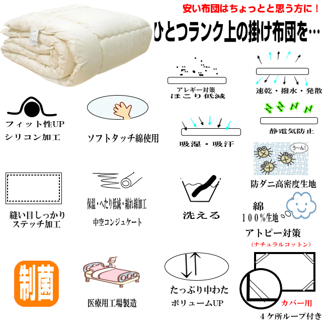 即納OK/掛け布団 シングル 日本製 アレルギー対応 抗菌 防ダニ 軽量 洗える ウォッシャブル 掛布団 シングルサイズ かけふとん 掛けふとん シングルロング あったかい 冬用 オールシーズン 春秋冬布団 綿100% 軽い 暖かいアトピー 来客用 - Image 3