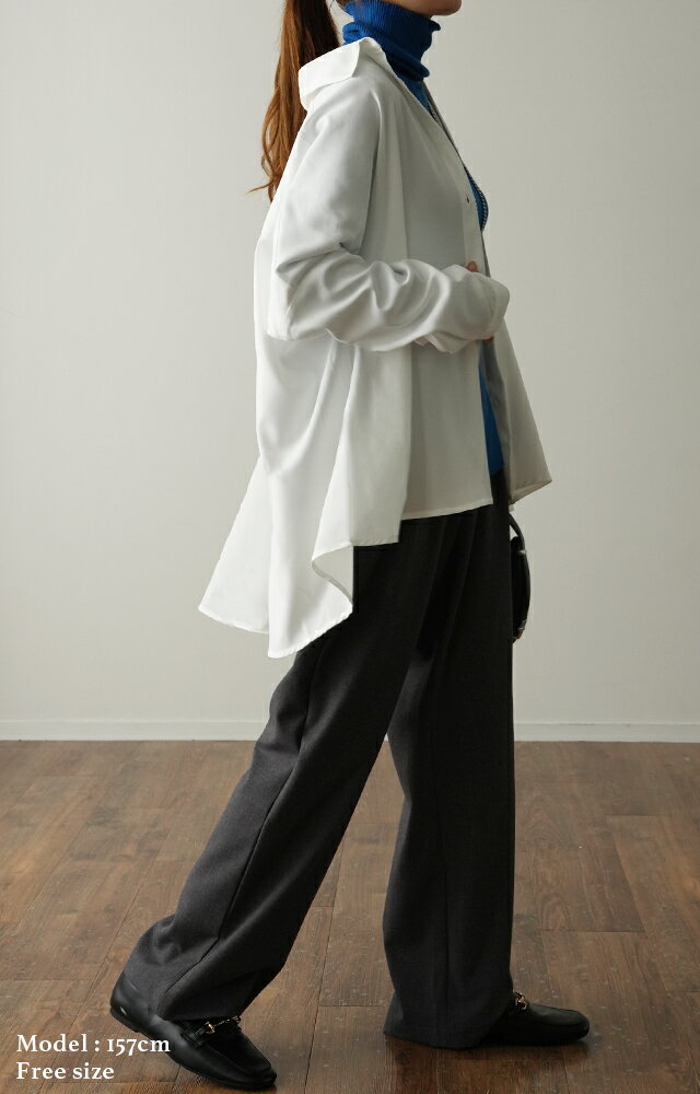 舞う ドレープ オーバー フレア トップス ブラウス レディース 襟 前開き ドロップショルダー 体型カバー 大きいサイズ お尻が隠れる オーバーサイズ 長袖 ドルマン アシメ チュニック きれいめ オフィス ビッグ 無地 黒 秋 冬 HUG.U - Image 3