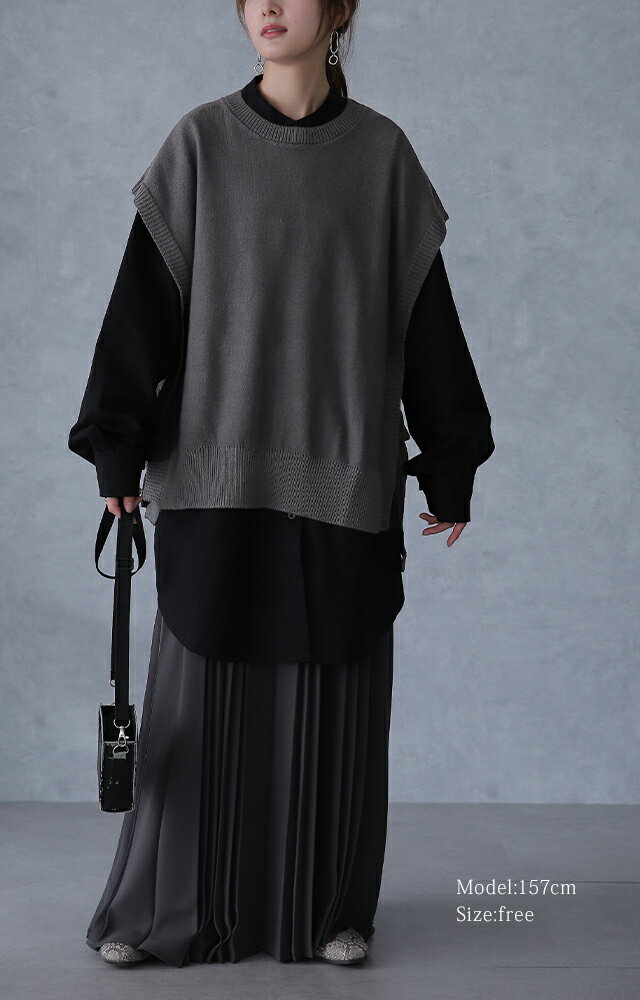 「 体型カバー 」コーデ上手になれる ニットベスト ニット ベスト レディース レイヤード トップス セーター チュニック ロング スリット リボン サイドリボン 重ね着 Uネック お尻が隠れる 薄手 ジレ 黒 ブラック 大きいサイズ 秋 冬 HUG.U 3