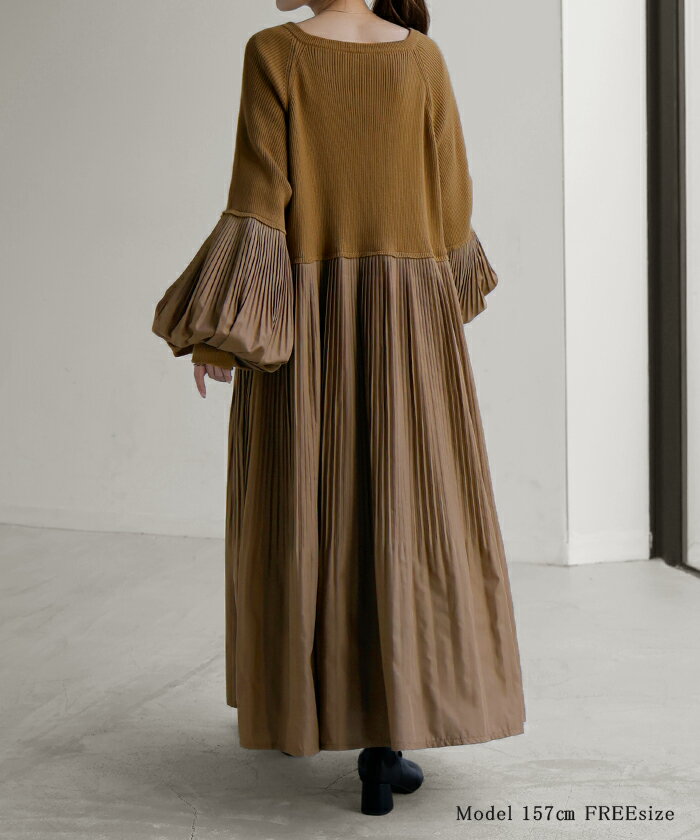 ワンピ ニット プリーツ ぽわん袖 ドッキング ワンピース ニットワンピ レディース ニットワンピース ロング ロングワンピース ブラウス 長袖 ボリュームスリーブ キーネック 異素材 大きいサイズ 体型カバー ゆる きれいめ グリーン 黒 秋 冬 HUG.U - Image 3