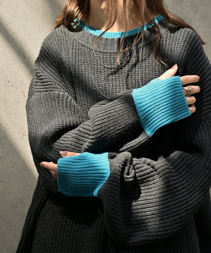 2025AW新作 ニット バイカラー リブ編み レディース トップス セーター プルオーバー 長袖 配色 ボリュームスリーブ クルーネック サムホール リブ ストレッチ チクチクしない ゆったり 体型カバー 大きいサイズ お尻が隠れる カジュアル 黒 グレー 秋 冬 HUG.U