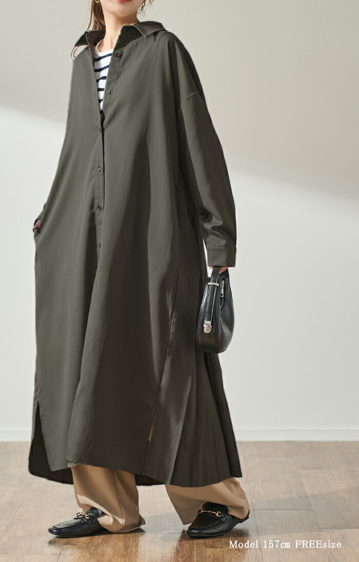 ゆれる。大人の洗練バックプリーツ ワンピース レディース ワンピ シャツワンピース ロングワンピース シャツ プリーツ バックプリーツ ロングワンピ シャツワンピ ロングシャツ マキシ 長袖 ロング 無地 大きいサイズ 黒 春 夏 HUG.U - Image 3