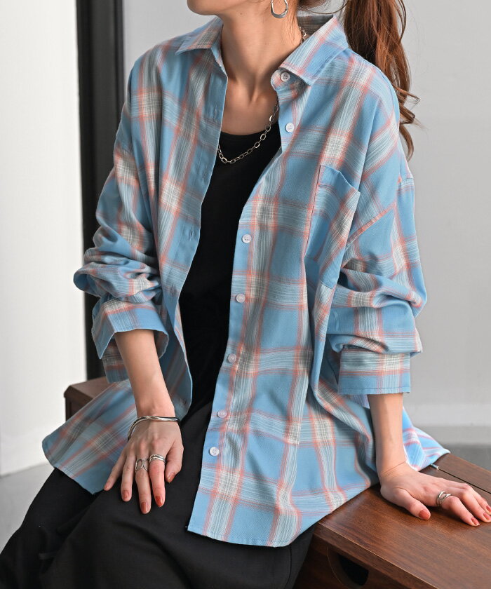 シャツ チェック柄 レディース トップス チェック チェックシャツ チェック柄シャツ 柄 ロング ブラウス ロングシャツ チュニック 長袖 薄手 羽織 ライトアウター ゆったり カジュアル 大きいサイズ 体型カバー お尻が隠れる 青 黒 春 夏 HUG.U