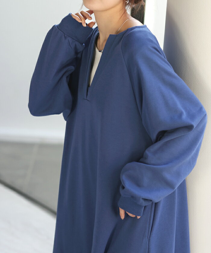 【50％OFF＆半額クーポン対象】 ワンピ ヘンリーネック Aライン ワンピース ロングワンピース レディース ロング ロングワンピ マキシ 大判 長袖 スウェット スエット トレーナー レイヤード 薄手 重ね ドルマン ぽわん袖 二の腕カバー ブルー 黒 秋 HUG.U — vista 3