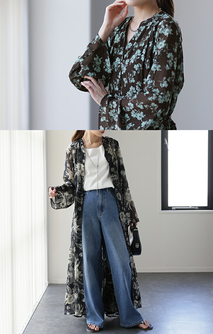 「失敗なし」 シフォンワンピ 2点セット ワンピ シフォンワンピース シャツ ワンピース ロングワンピース ロング レディース マキシ ペチコート 長袖 きれいめ 透け 花柄 体型カバー シフォン 大きいサイズ 小花柄 Aライン 黒 緑 春 夏 HUG.U - Image 3