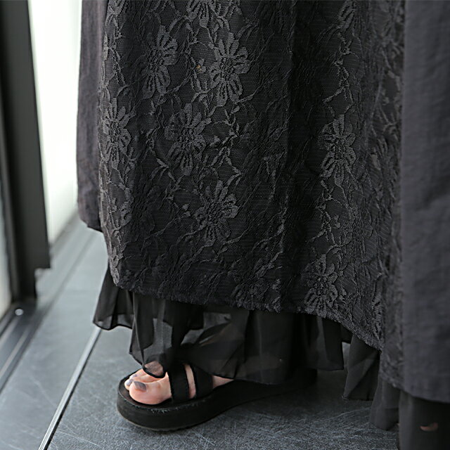 スカート ロングスカート マキシスカート レース ベイカースカート ワークスカート ミリタリー カーゴ 大きいサイズ 体型カバー ロング マキシ Aライン フレア ベイカー ウエストゴム ゴム シフォン レディース ブラック カーキ 無地 春 夏 - Image 3