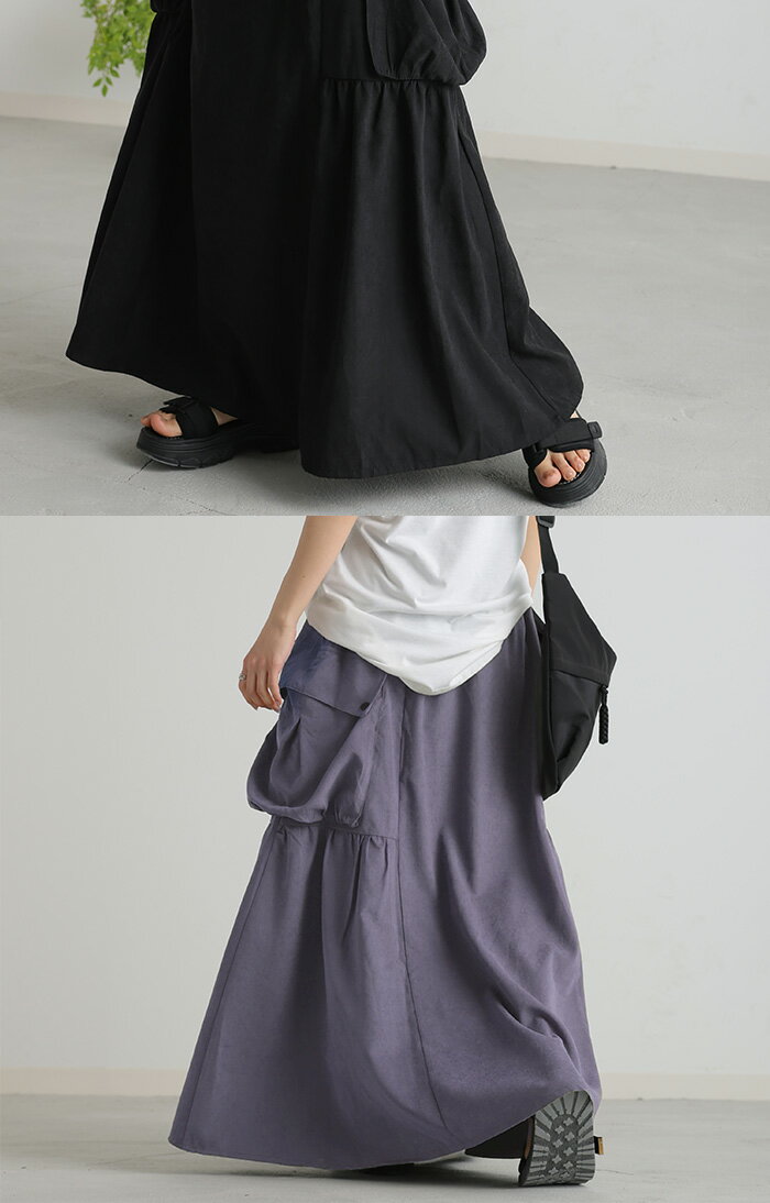 スカート 桃生地 Aライン ビッグポケット レディース ロングスカート ボリューム ボトムス ビッグ ポケット フレア フレアスカート ゴム ロング マキシ マキシスカート 無地 カーゴスカート ゆったり おしゃれ 無地 カーキ 黒 白 春 夏 HUG.U - Image 3