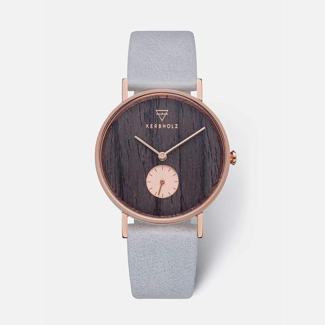 【先着15名 レビュー特典】替えベルト1本プレゼント 正規品 KERBHOLZ カーブホルツ 木製腕時計 レディース メンズ FRIDA 35mm フリーダ ダークウッド ローズゴールド／アークティック（グレー）レザーベルト MFRI0135