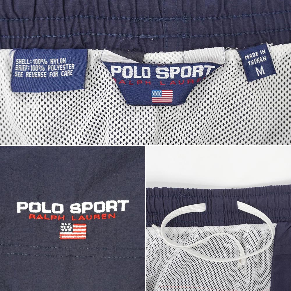 ポロスポーツ POLO SPORT 90s 90年代 ナイロンショーツ スイムショーツ トリコロール ロゴ刺繍 ラルフローレン PRL USA ヴィンテージ アメリカ 古着 メンズ ショートパンツ ネイビー系 M【中古】