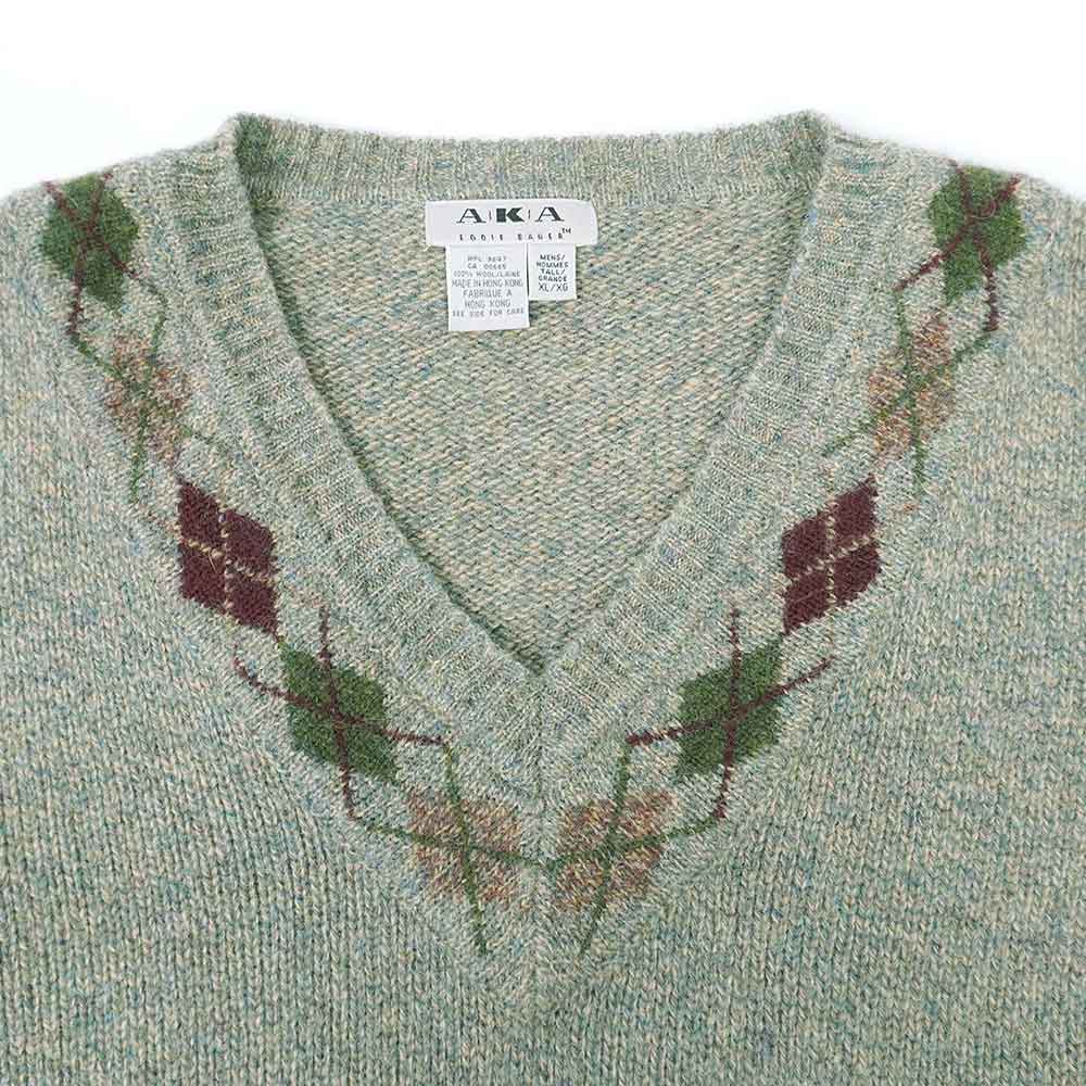 エディーバウアー AKA Eddie Bauer 90's 90年代 Vネック ウールニット アーガイル柄 珍品 ビッグサイズ USA ヴィンテージ ビンテージ VINTAGE アメリカ古着 メンズ ニット・セーター グリーン系 XL-TALL【中古】