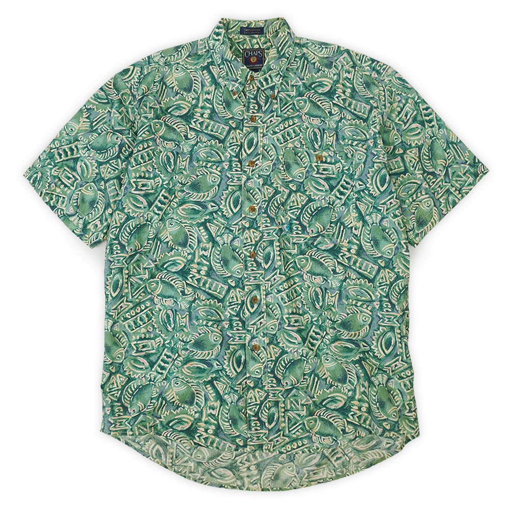 チャップスラルフローレン CHAPS RALPH LAUREN 90's 90年代 ボタンダウンシャツ 半袖 BD 魚 旧タグ POLO ポロ USA ヴィンテージ ビンテージ VINTAGE アメリカ古着 メンズ シャツ グリーン系 総柄 L【中古】
