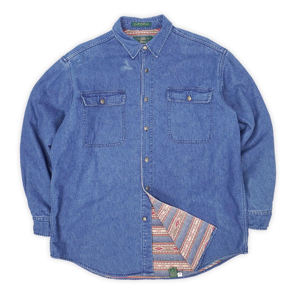 オービス ORVIS 90s 90年代 デニムワークシャツ ネイティブ柄 総柄 ライナー ライニング 珍品 レギュラーカラー 長袖 旧タグ USA ヴィンテージ アメリカ 古着 メンズ シャツ インディゴブルー L【中古】
