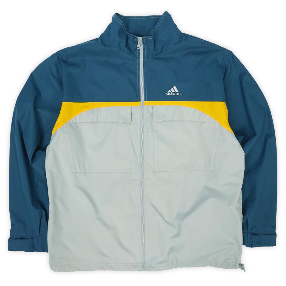 アディダス adidas 00s 2000年代 Y2K スタンドカラージャケット パフォーマンスロゴ ドローコード USA ヴィンテージ ビンテージ VINTAGE アメリカ 古着 メンズ ウインドブレーカー グレー ネイビー イエロー L