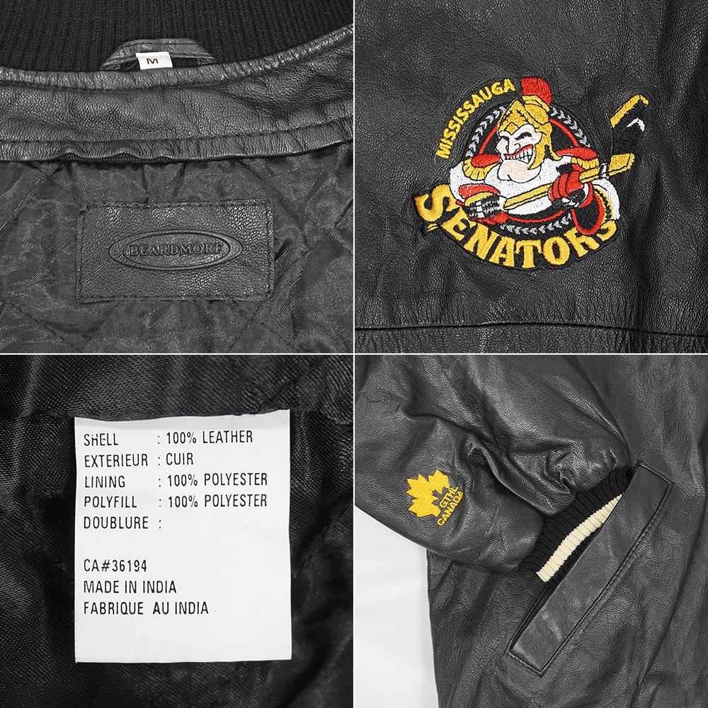 ミシサガ・セネターズ MISSISSAUGA SENATORS 00s BEARDMORE オールレザースタジャン 中綿入り キルト ロゴ 刺繍 USA ヴィンテージ アメリカ 古着 メンズ ジャケット ブラック 黒 M【中古】