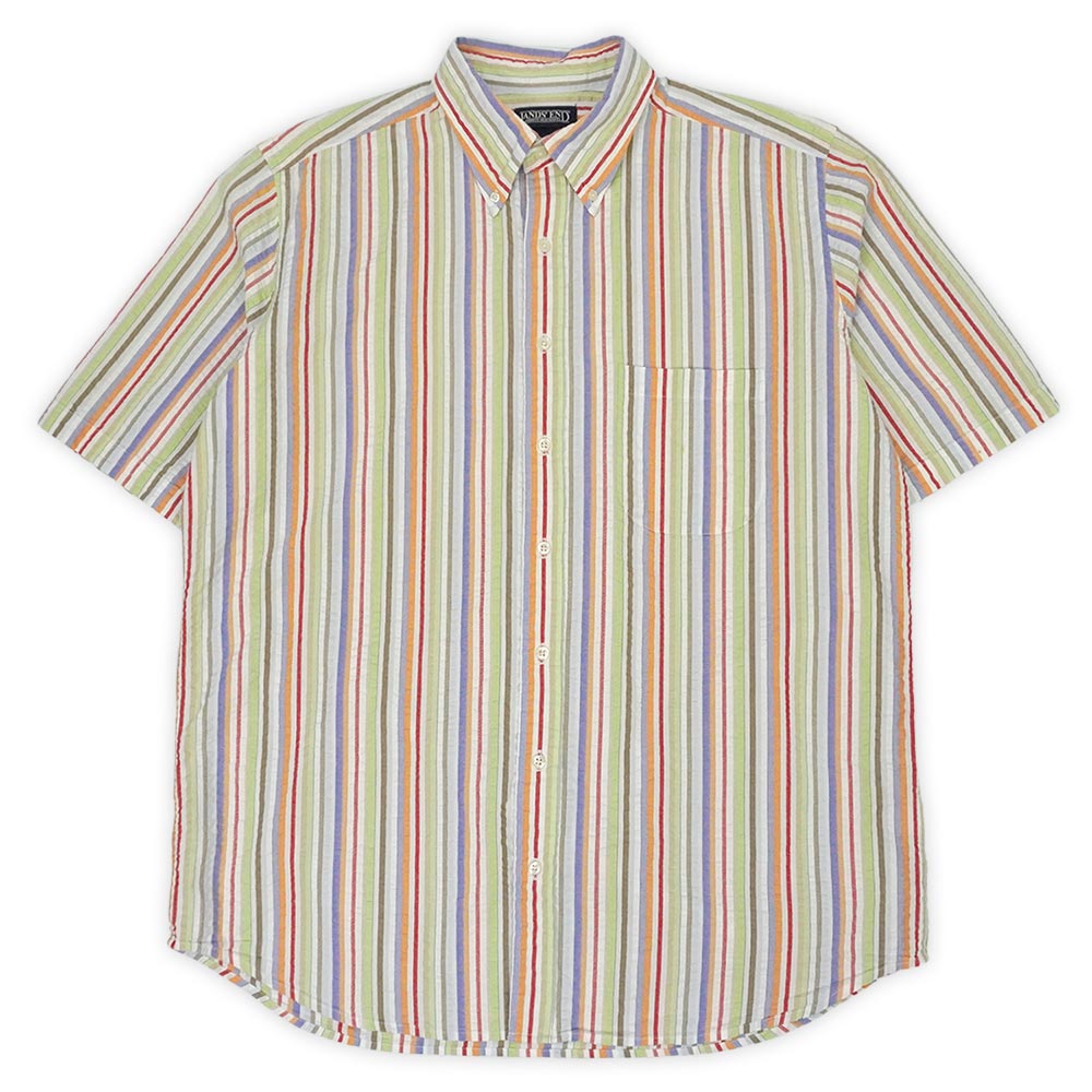 乐天商城 - ランズエンド LANDS' END 90s 00s 90-2000年代 S/S シアサッカー ボタンダウンシャツ BD 半袖 旧タグ USA ヴィンテージ アメリカ 古着 メンズ シャツ マルチストライプ柄 L-TALL【中古】