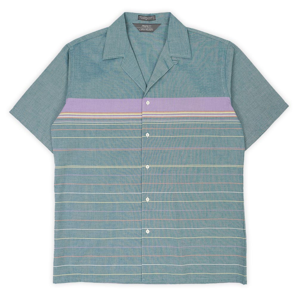 ヴァンヒューセン VAN HEUSEN 未使用 デッドストック 80s 90s 80-90年代 オープンカラーシャツ 開襟 半袖 PROFILES USA ヴィンテージ 古着 メンズ シャツ グリーン系 マルチボーダー柄 M【中古】