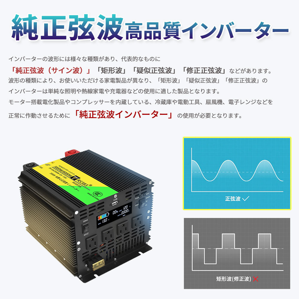 送料無料 インバーター 3000W/最大6000W 正弦波 12V直流電力 DCAC100V交流電力 カーインバーター 車載インバーター 直流 交流 発電機 発電 USBポート付き USB 3ピンプラグ対応 車載コンセント スマホ充電 車載家庭用非常用電源 アウトドア 緊急 防災用品 キャンプ 車 自動車 3