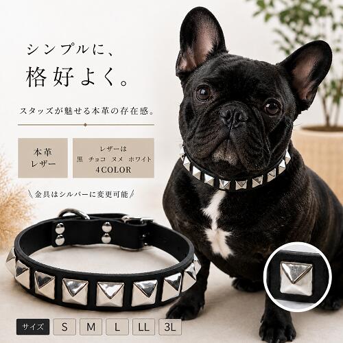 犬の首輪 高級サドルレザー ピラミッドスタッズ付き 2cm幅 本革