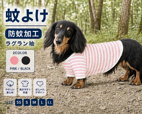 その他のダックス服はこちら ＜夏でも洋服を着てほしいワケ＞ ワンちゃんは肉球にしか汗腺がなく 発汗による体温調節がほとんど できないので暑さが苦手です。 そのため日差しの強い屋外や 熱のこもりやすい車内など 熱中症を引き起こしやすくなります。 ＜汚れ防止＞＜怪我や虫から守る＞ 雨上がりの路面や草むらなどが 濡れている時に 散歩をするとお腹周りが汚れることも。 草木が生い茂った場所では 小枝で怪我をしたり ダニ、蚊などの虫が毛の中に 入り込むこともあります。 また、ワンちゃん同士がじゃれ合う ドッグランでは服を一枚着せて 全身の汚れから守ることも。 ＜冷房対策＞ 飼い主さんにとっては適温でも ワンちゃんにとっては 寒すぎるという場面もあります。 そんなとき洋服を1着 バッグに忍ばせておくのもgood！ ラグラン袖バージョンが登場。 防蚊加工されたモステクトという生地を使用。 モステクトは、蚊のいやがる ハーブから抽出された 天然植物エキスをマイクロカプセルに包み込み 浸透させたニット生地です。 天然植物エキスの薬効を利用して 忌避効果を持たせた、極めて 安全性の高い防蚊加工生地です。 身頃　綿50％ポリエステル50％ 見た目にも爽やかでオシャレ。 夏の時期だけでなく、公園や 草むらのお散歩にもおススメです。 フィラリア予防にも。 小型犬、中型犬サイズもご用意しております。 抜け毛予防にもお勧めで 肌触りにも考慮しております。 ご家庭で洗濯できますが、ネットに入れての 洗濯をおススメしております。 裁断箇所によって見え方も異なります。 モニターの発色の具合によって 実際のものと色が異なる場合が ございますので予めご了承くださいませ。 その他のダックス服はこちら 商品詳細 サイズ SS　首周り19cm〜22cm　胴回り28cm〜35cm　着丈24cm S　首周り20cm〜24cm　胴回り32cm〜38cm　着丈28cm M　首周り23cm〜28cm　胴回り36cm〜42cm　着丈32cm L　首周り26cm〜32cm　胴回り43cm〜48cm　着丈36cm LL　首周り27cm〜36cm　胴回り46cm〜53cm　着丈40cm #ミニチュアダックスフンド　#ダックスフンド ＃ダックスサイズ #中型犬#小型犬 #犬の服＃コーギー服