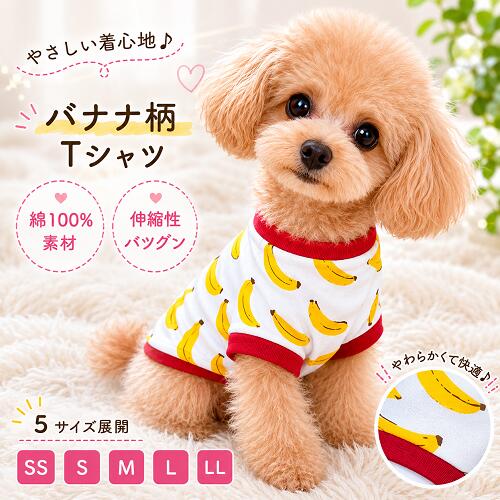 その他の小型犬服はこちら ＜夏でも洋服を着てほしいワケ＞ ワンちゃんは肉球にしか汗腺がなく、発汗による 体温調節がほとんどできないので暑さが苦手です。 そのため日差しの強い屋外や 熱のこもりやすい車内など 熱中症を引き起こしやすくなります。 ＜汚れ防止＞＜怪我や虫から守る＞ 雨上がりの路面や草むらなどが濡れている時に散歩をするとお腹周りが汚れることも。 草木が生い茂った場所では小枝で怪我をしたり、ダニ、蚊などの虫が毛の中に入り込むこともあります。 また、ワンちゃん同士がじゃれ合うドッグランでは服を一枚着せて、全身の汚れから守ることも。 ＜冷房対策＞ 飼い主さんにとっては適温でもワンちゃんにとっては 寒すぎるという場面もあります。そんなとき 洋服を1着、バッグに忍ばせておくのもgood！ 1日1本のバナナから始めてみませんか？ 着ているだけで元気がみなぎる！ 天竺素材で綿100%の 柔らかなカットソーです。 中型犬、ダックスサイズもご用意しております。 抜け毛予防にもお勧めで 肌触りにも考慮しております。 ご家庭で洗濯できますが ネットに入れての洗濯を おススメしております。 モニターの発色の具合によって 実際のものと色と異なる場合が ございますので予めご了承くださいませ。 その他の小型犬服はこちら 商品詳細 サイズ SS　首周り17cm〜24cm　胴回り30cm〜35cm　着丈25cm S　首周り23cm〜28cm　胴回り34cm〜40cm　着丈26cm M　首周り28cm〜34cm　胴回り38cm〜44cm　着丈27cm L　首周り33cm〜38cm　胴回り43cm〜49cm　着丈29cm LL　首周り38cm〜42cm　胴回り50cm〜55cm　着丈33cm ＃チワワ ＃トイプードル #柴犬　#ペット服　#いぬ服　#犬服　＃ビーグル＃ダックス＃シーズー＃フレンチブルドッグ　#中型犬　#小型犬 #パピー　