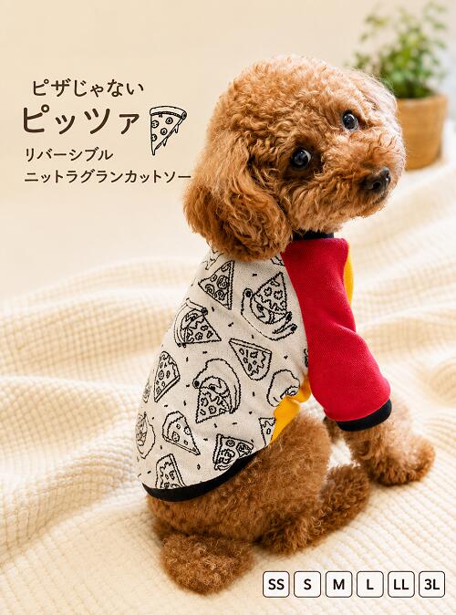 その他の小型犬服はこちら ＜夏でも洋服を着てほしいワケ＞ ワンちゃんは肉球にしか汗腺がなく、発汗による 体温調節がほとんどできないので暑さが苦手です。 そのため日差しの強い屋外や 熱のこもりやすい車内など 熱中症を引き起こしやすくなります。 ＜汚れ防止＞＜怪我や虫から守る＞ 雨上がりの路面や草むらなどが濡れている時に散歩をするとお腹周りが汚れることも。 草木が生い茂った場所では小枝で怪我をしたり、ダニ、蚊などの虫が毛の中に入り込むこともあります。 また、ワンちゃん同士がじゃれ合うドッグランでは服を一枚着せて、全身の汚れから守ることも。 ＜冷房対策＞ 飼い主さんにとっては適温でもワンちゃんにとっては 寒すぎるという場面もあります。そんなとき 洋服を1着、バッグに忍ばせておくのもgood！ ピザ？いえ、ピッツァでお願いします。 モノトーンですがアツアツなイメージを 想像させるピッツァが全面にプリントオン。 袖と前身ごろの配色で チーズとトマトもさらにプラス。 ラグランですので運動性もあり 動きやすい設計に。 袖と前身ごろはスウェット地で綿100％。 後ろ身頃はリバーシブルニットで こちらも綿100％です。 リブは綿95％　ポリウレタン5％です。 中型犬、ダックスサイズもご用意しております。 抜け毛予防にもお勧めで 肌触りにも考慮しております。 ご家庭で洗濯できますが ネットに入れての洗濯を おススメしております。 モニターの発色の具合によって 実際のものと色と異なる場合が ございますので予めご了承くださいませ。 その他の小型犬服はこちら 商品詳細 サイズ SS　首周り17cm〜24cm　胴回り30cm〜35cm　着丈25cm S　首周り23cm〜28cm　胴回り34cm〜40cm　着丈26cm M　首周り28cm〜34cm　胴回り38cm〜44cm　着丈27cm L　首周り33cm〜38cm　胴回り43cm〜49cm　着丈29cm LL　首周り38cm〜42cm　胴回り50cm〜55cm　着丈33cm　