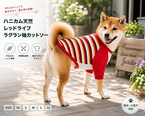その他の中型犬服はこちら ＜夏でも洋服を着てほしいワケ＞ ワンちゃんは肉球にしか汗腺がなく 発汗による体温調節がほとんど できないので暑さが苦手です。 そのため日差しの強い屋外や 熱のこもりやすい車内など 熱中症を引き起こしやすくなります。 ＜汚れ防止＞＜怪我や虫から守る＞ 雨上がりの路面や草むらなどが 濡れている時に 散歩をするとお腹周りが汚れることも。 草木が生い茂った場所では 小枝で怪我をしたり ダニ、蚊などの虫が毛の中に 入り込むこともあります。 また、ワンちゃん同士がじゃれ合う ドッグランでは服を一枚着せて 全身の汚れから守ることも。 ＜冷房対策＞ 飼い主さんにとっては適温でも ワンちゃんにとっては 寒すぎるという場面もあります。 そんなとき洋服を1着 バッグに忍ばせておくのもgood！ 人気のハニカム天竺素材に ラグラン袖バージョン登場。 運動性もあり着せやすいです。 色違いもご用意しております。 身頃部分綿100％ リブ部分綿95％　ポリウレタン5％ 小型犬、ダックスサイズもご用意しております。 抜け毛予防にもお勧めで 肌触りにも考慮しております。 ご家庭で洗濯できますが ネットに入れての 洗濯をおススメしております。 裁断箇所によって見え方も異なります。 モニターの発色の具合によって 実際のものと色が異なる場合が ございますので 予めご了承くださいませ。 その他の中型犬服はこちら 商品詳細 サイズ SS　首周り24cm〜28cm　胴回り40cm〜45cm　着丈26cm S　首周り28cm〜32cm　胴回り44cm〜49cm　着丈29cm M　首周り32cm〜36cm　胴回り48cm〜53cm　着丈33cm L　首周り36cm〜40cm　胴回り52cm〜57cm　着丈37cm LL　首周り40cm〜44cm　胴回り56cm〜63cm　着丈41cm #柴犬　#ペット服　#いぬ服　#犬服　＃ビーグル＃ダックス＃チワワ ＃トイプードル＃シーズー＃フレンチブルドッグ　#中型犬　#小型犬　