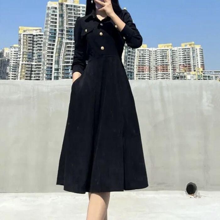 ワンピース ドレス レディース きれいめ カジュアル 大人可愛い 春 秋 冬 シャツワンピ 襟付き 長袖 ハイウエスト Aライン ブラック 黒 20代 30代 40代 50代 S M L XL 2XL