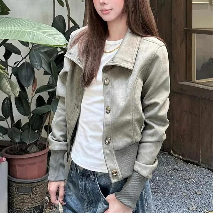 アウター ジャケット ブルゾン レディース きれいめ カジュアル 大人可愛い 春 秋 冬 ジャンパー 羽織り 長袖 スタンドカラー グリーン 緑 ショート丈 20代 30代 40代 50代 S M L XL 2XL